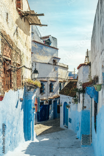 Vibrant blue buildings in Chefchaouen, Morocco, Africa © melecis