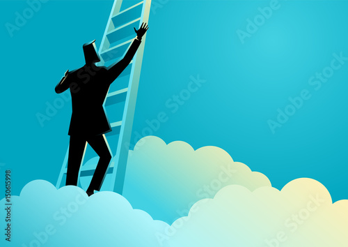 Businessman climbing a ladder above the clouds