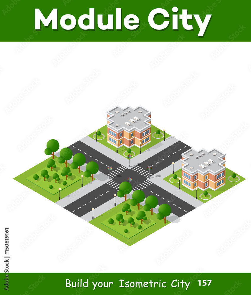 City quarter top view landscape isometric 3D projection with skyscrapers, houses and trees with park