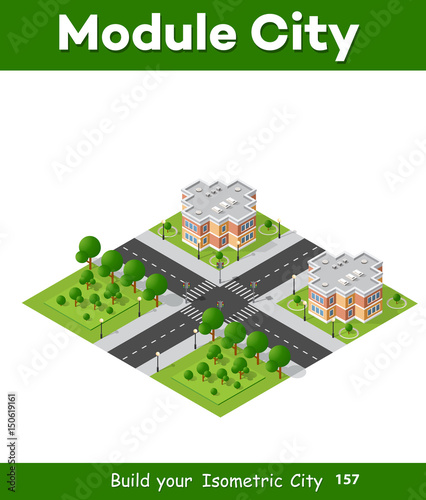 City quarter top view landscape isometric 3D projection with skyscrapers, houses and trees with park