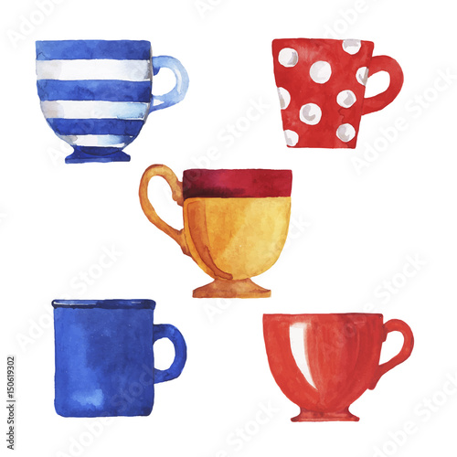 Set of teacups and mugs painted by watercolor. Hand drawn illustration.