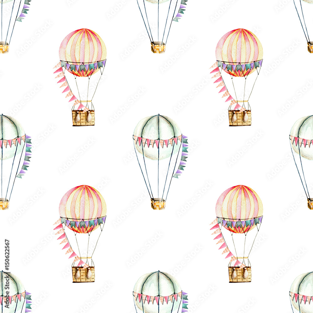 Obraz premium Seamless pattern with watercolor festive air balloons (aerostats), hand drawn isolated on a white background