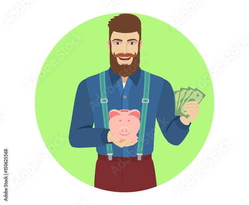 Hipster with cash money holding a piggy bank