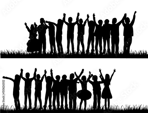 Vector, silhouette of children, children silhouette playing and dancing in nature