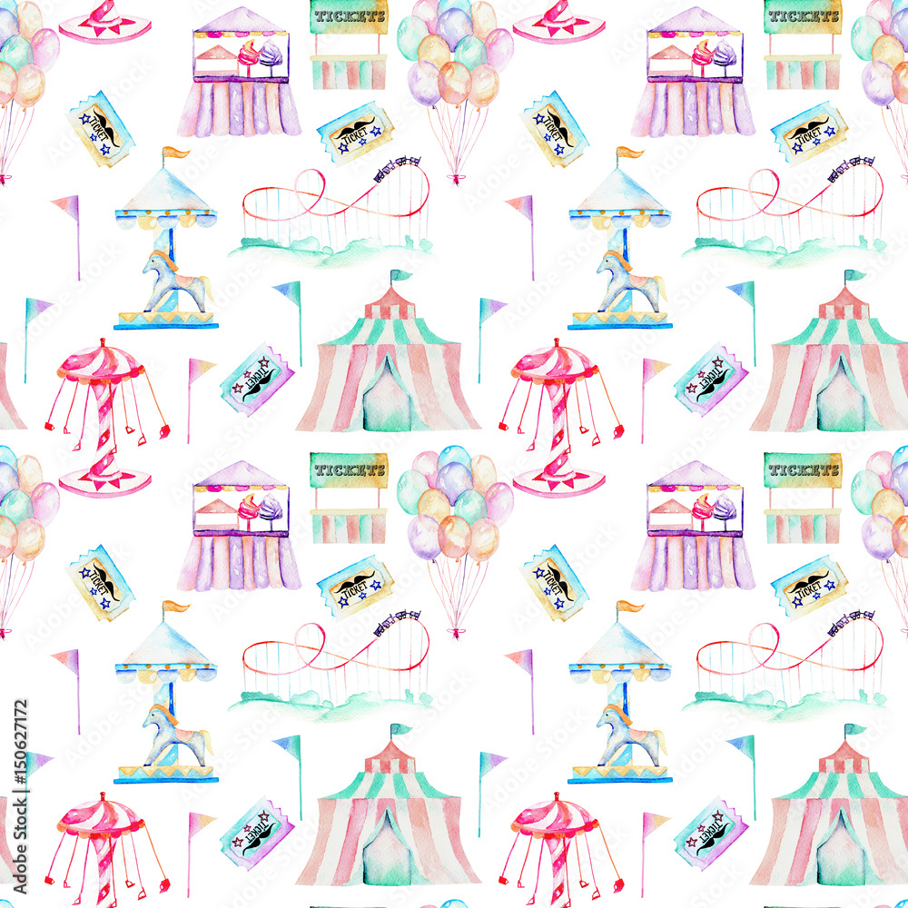 Seamless pattern with watercolor elements of amusement park, hand drawn isolated on a white background Seamless pattern with watercolor elements of amusement park, hand drawn isolated on a white background