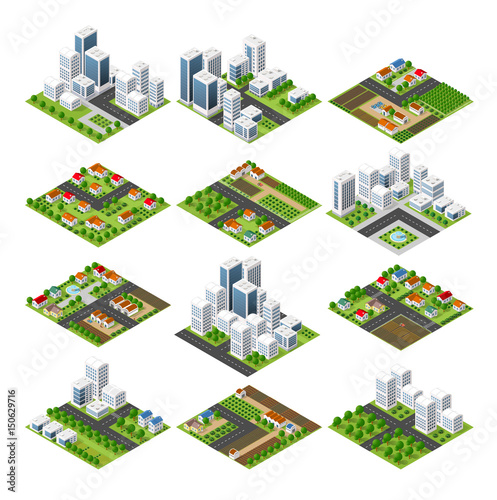 City set quarter top view landscape isometric 3D projection with skyscrapers, houses and trees with park