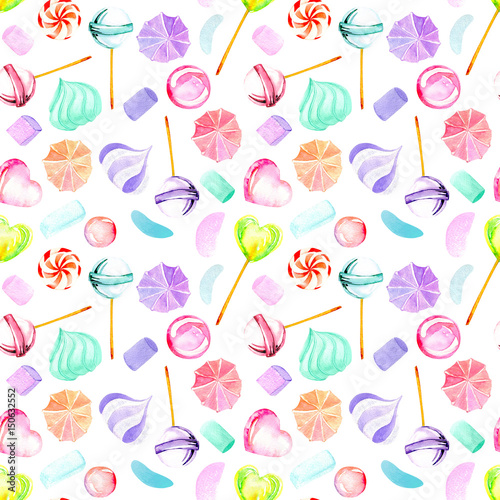 Seamless pattern with watercolor sweets (candies, lollipop, marshmallow and paste), hand drawn isolated on a white background