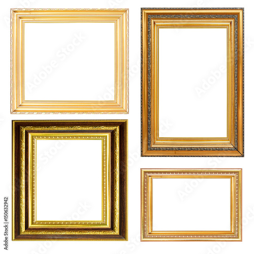 collection of Gold vintage picture and photo frame isolated on white background