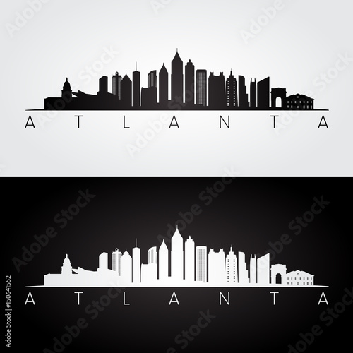 Atlanta USA skyline and landmarks silhouette, black and white design.