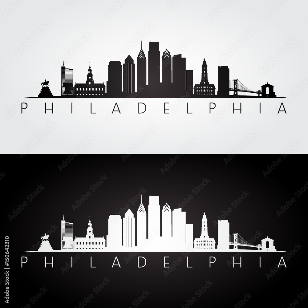 Philadelphia USA skyline and landmarks silhouette, black and white design.