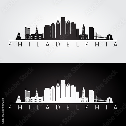 Philadelphia USA skyline and landmarks silhouette, black and white design.