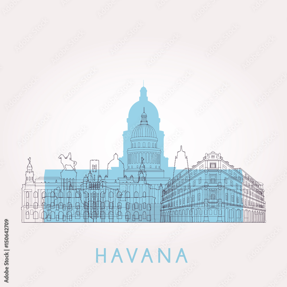 Outline Havana skyline with landmarks. 