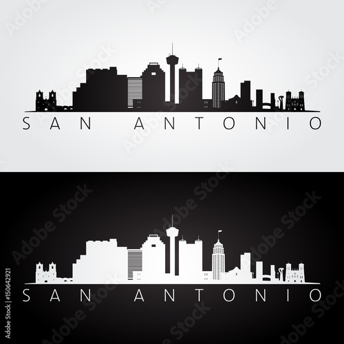 San Antonio USA skyline and landmarks silhouette, black and white design.
