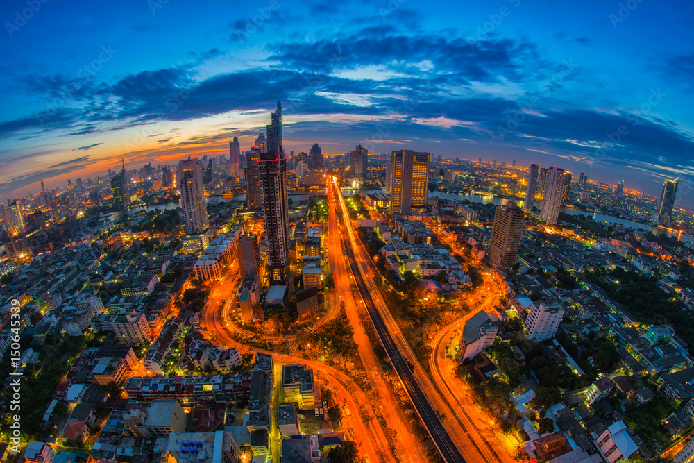 Aerial view of cityscape at twilight, Bangkok, Thailand. The Bangkok view in business district.