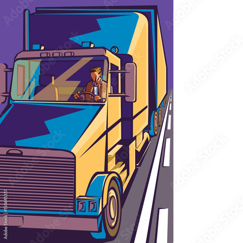 Truck driver in cabin hauling freight down a highway.