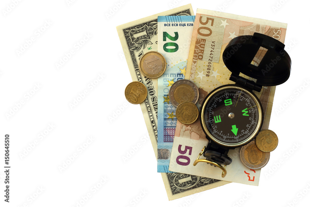 Composition - compass and money isolated. Composition - compass and money isolated.