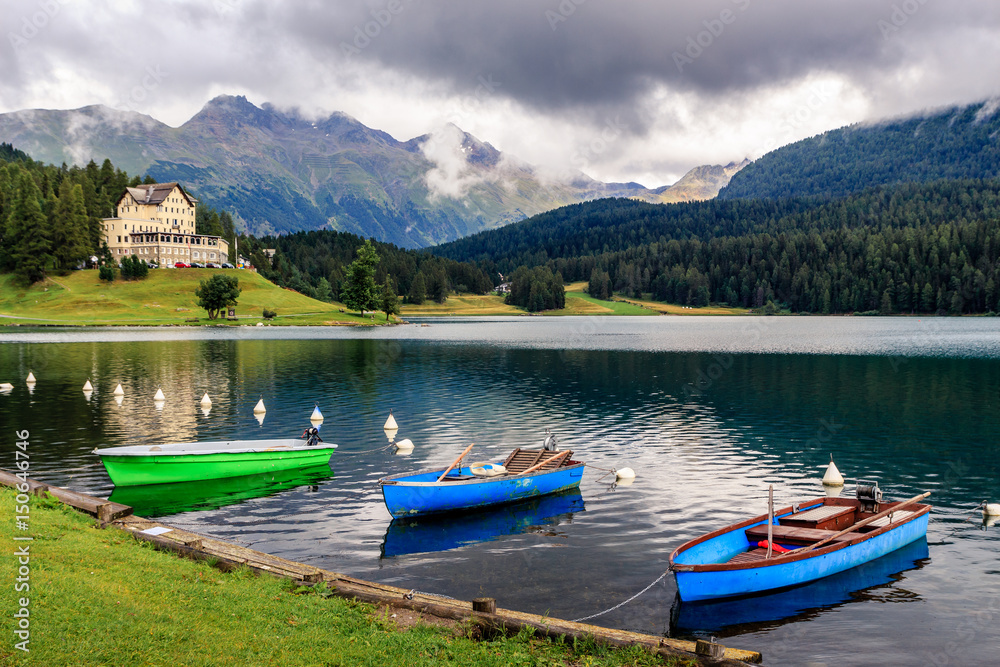 Boats on the lake of St. Moritz (Switzerland)