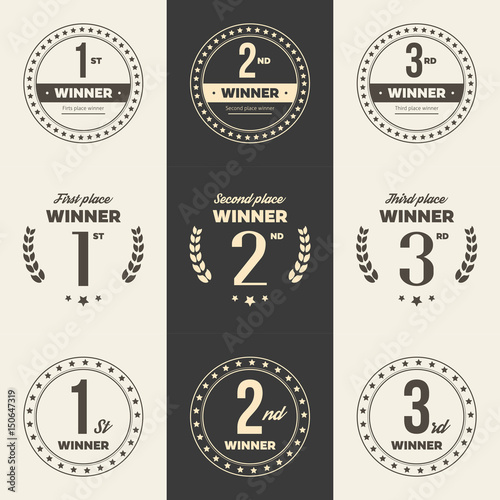1st, 2nd, 3rd place logo's with laurels and ribbons. Vector illustration.