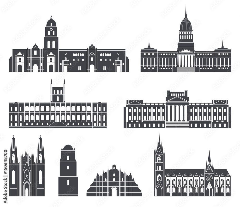 South America. Architecture. Isolated American buildings on white background