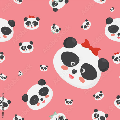 Fototapeta Naklejka Na Ścianę i Meble -  Vector seamless pattern: panda bear faces on a childish pink background, panda faces with different emotions.