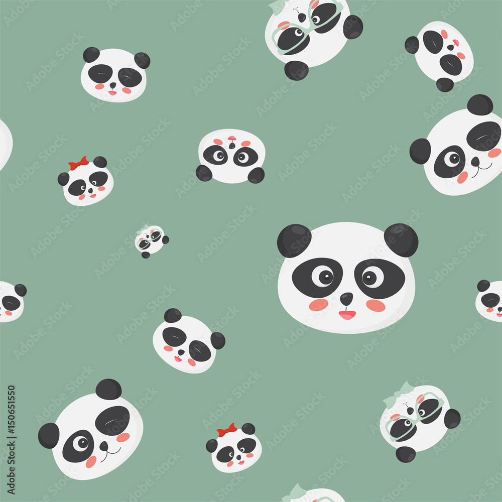 Vector seamless pattern: panda bear faces on a green background, panda faces with different emotions.