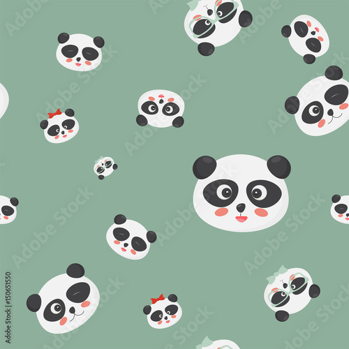 Vector seamless pattern: panda bear faces on a green background, panda faces with different emotions. © tatadonets