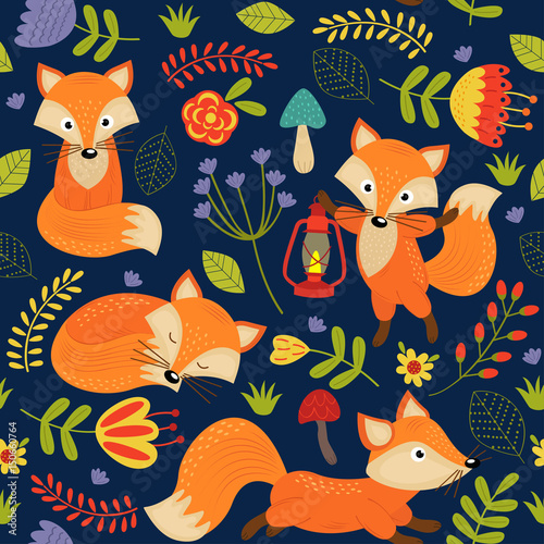 seamless pattern fox on purple background - vector illustration, eps