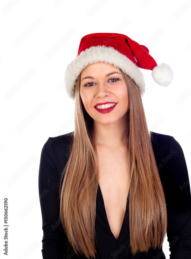 Young woman with Christmas hat and red lips Young woman with Christmas hat and red lips