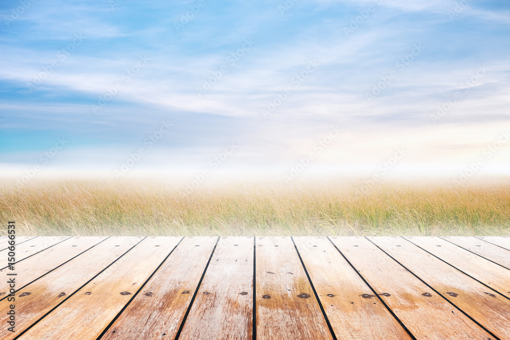Wood table top with grass natural and blue skies background. concept party,display, county, products,natural,farm,organic. Wood table top with grass natural and blue skies background. concept party,display, county, products,natural,farm,organic.