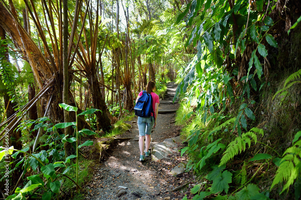 Tourist hiking on Kilauea Iki trail in Volcanoes National Park in Big Island of Hawaii
