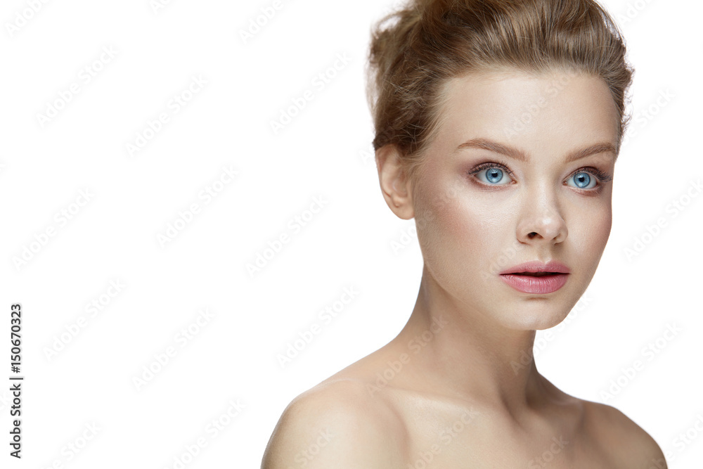 Beauty Face. Beautiful Female Model Posing On White Background Beauty Face. Beautiful Female Model Posing On White Background