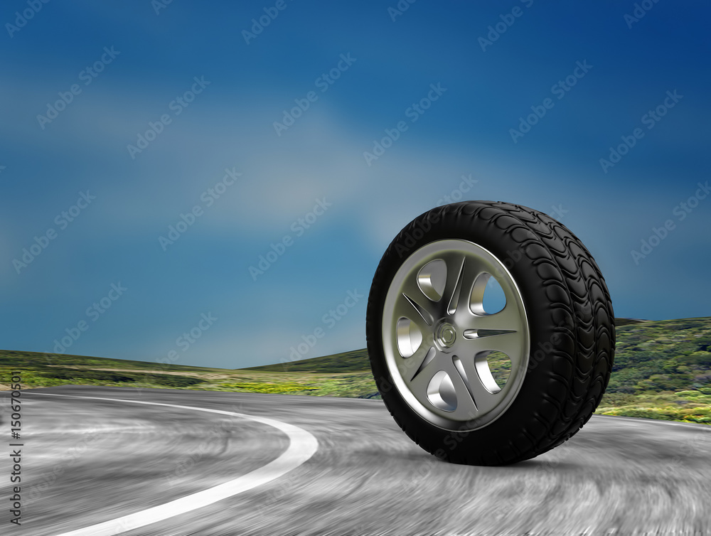 one automobile wheel on the road. 3d render