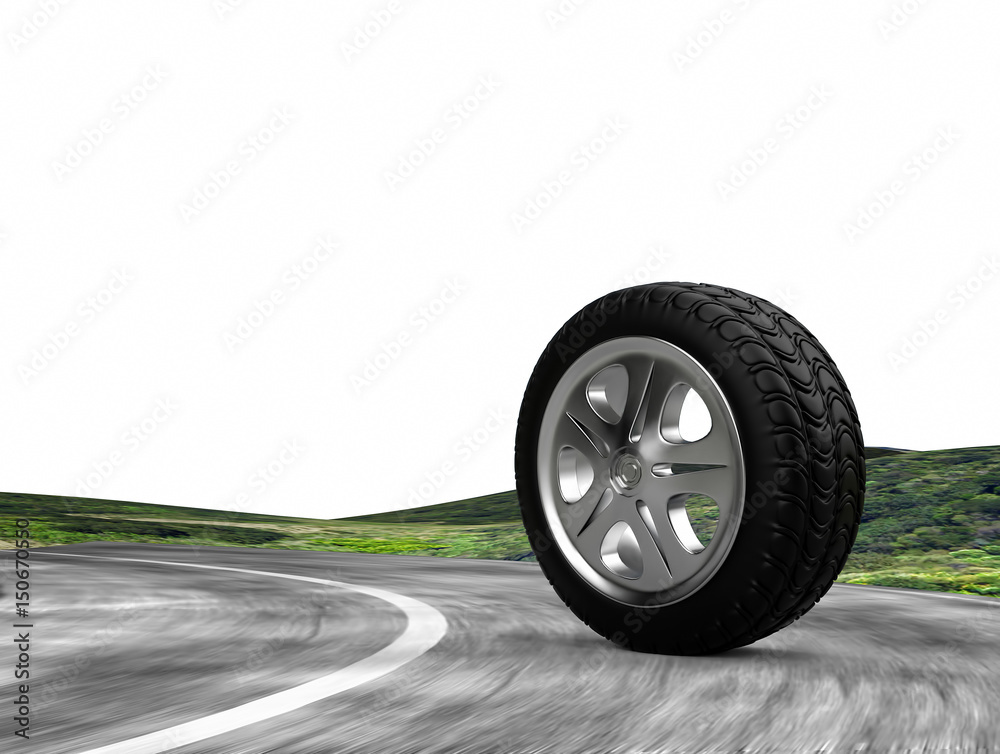 one automobile wheel on the road. isolated. 3d render