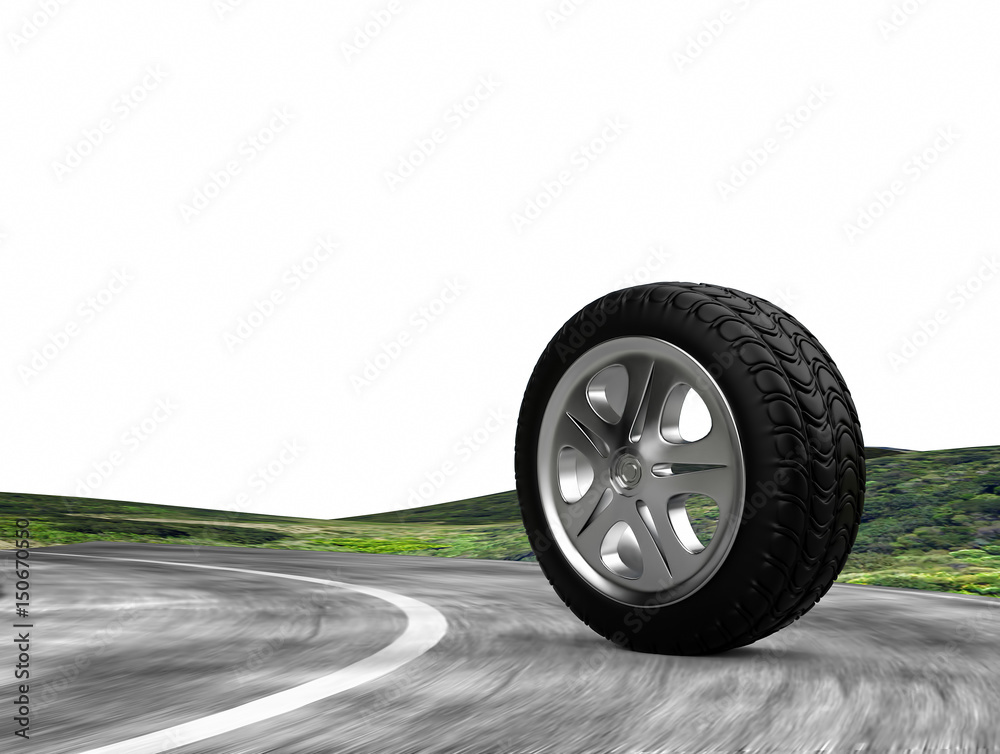 one automobile wheel on the road. isolated. 3d render one automobile wheel on the road. isolated. 3d render
