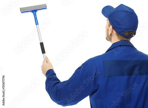 Young window cleaner on white background