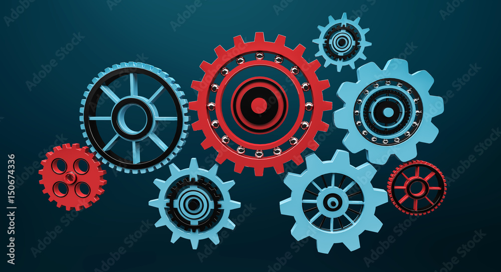 Floating blue and red gear icons 3D rendering