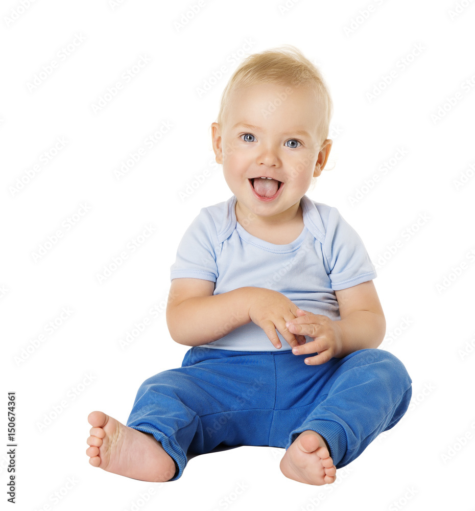 Baby over White Background, Happy Kid One Year old, Smiling Child Boy Sitting in Blue Clothing Baby over White Background, Happy Kid One Year old, Smiling Child Boy Sitting in Blue Clothing
