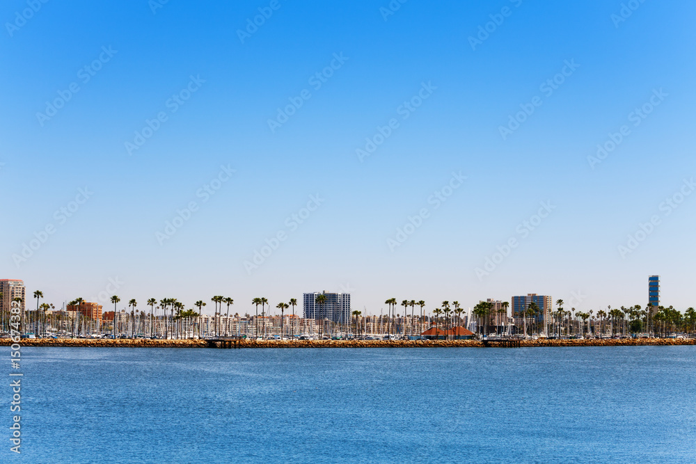 Long Beach marina and cityscape, view from the sea