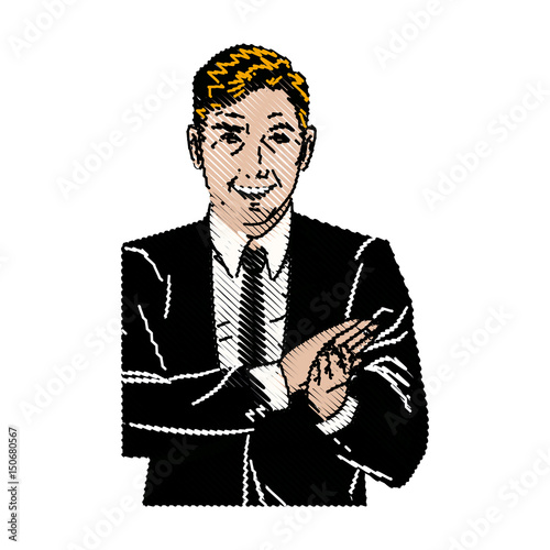 drawing pop art man suit applauding hands vector illustration