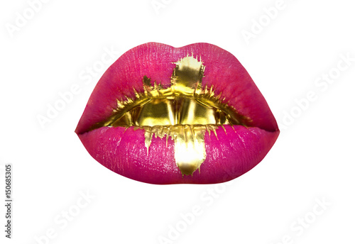 Fototapeta Lips with gold teeth and liquid gold on the lips
