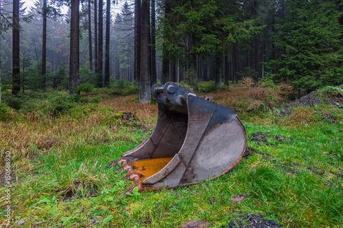 The excavator bucket in a autumn forest