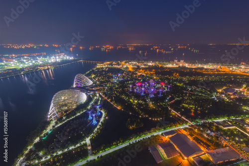 Aerial view of Gardens by the bay by night  a nature park in central Singapore  part of a strategy by the Singapore government to transform Singapore from a Garden City to a City in a Garden.