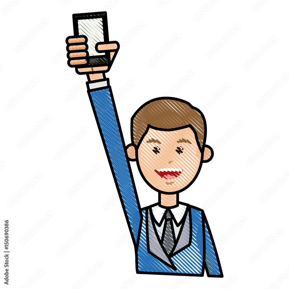 drawing man with blue suit holding smartphone vector illustration drawing man with blue suit holding smartphone vector illustration