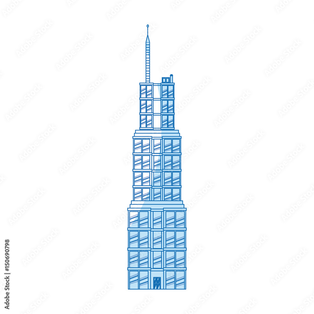building skyscraper commercial antenna blue line vector illustration