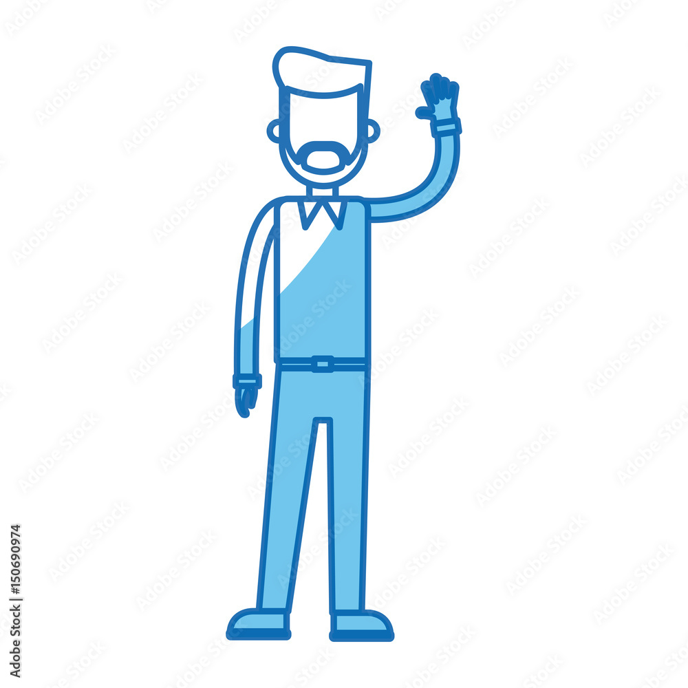 beard man greeting with hand up blue line vector illustration beard man greeting with hand up blue line vector illustration
