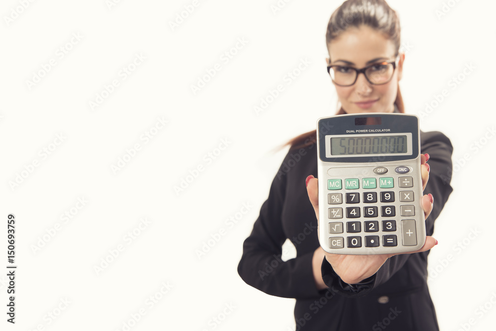 Isolated young business woman showing calculator Isolated young business woman showing calculator