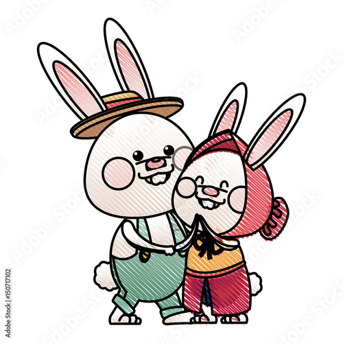 drawing lovely couple easter bunny together vector illustration