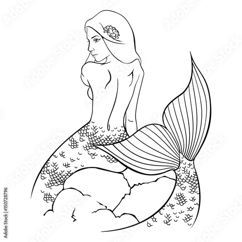 Monochrome mermaid ink line art hand drawn sketch vector