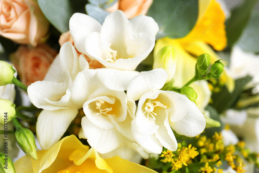 Beautiful bouquet with freesia flowers, closeup