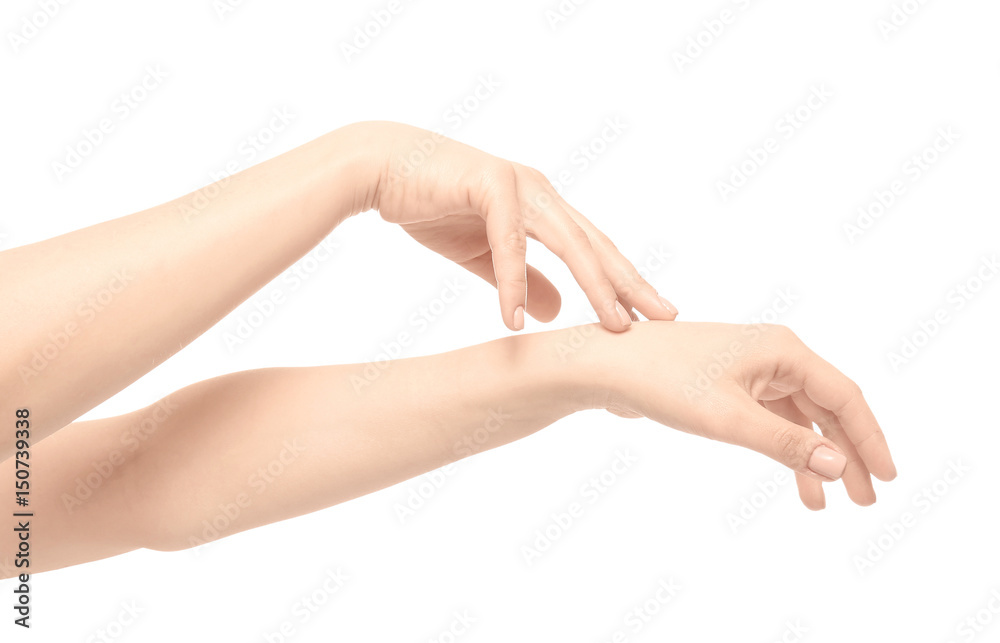 Epilated female hands on white background